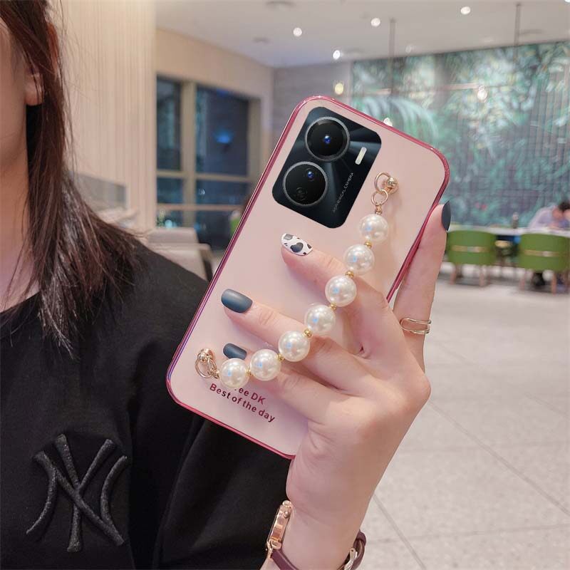 For VIVO Y16 Case Transparent Plating Electroplating Shiny Cases + Pearl Bracelet for VIVOY16 Cover Casing. 