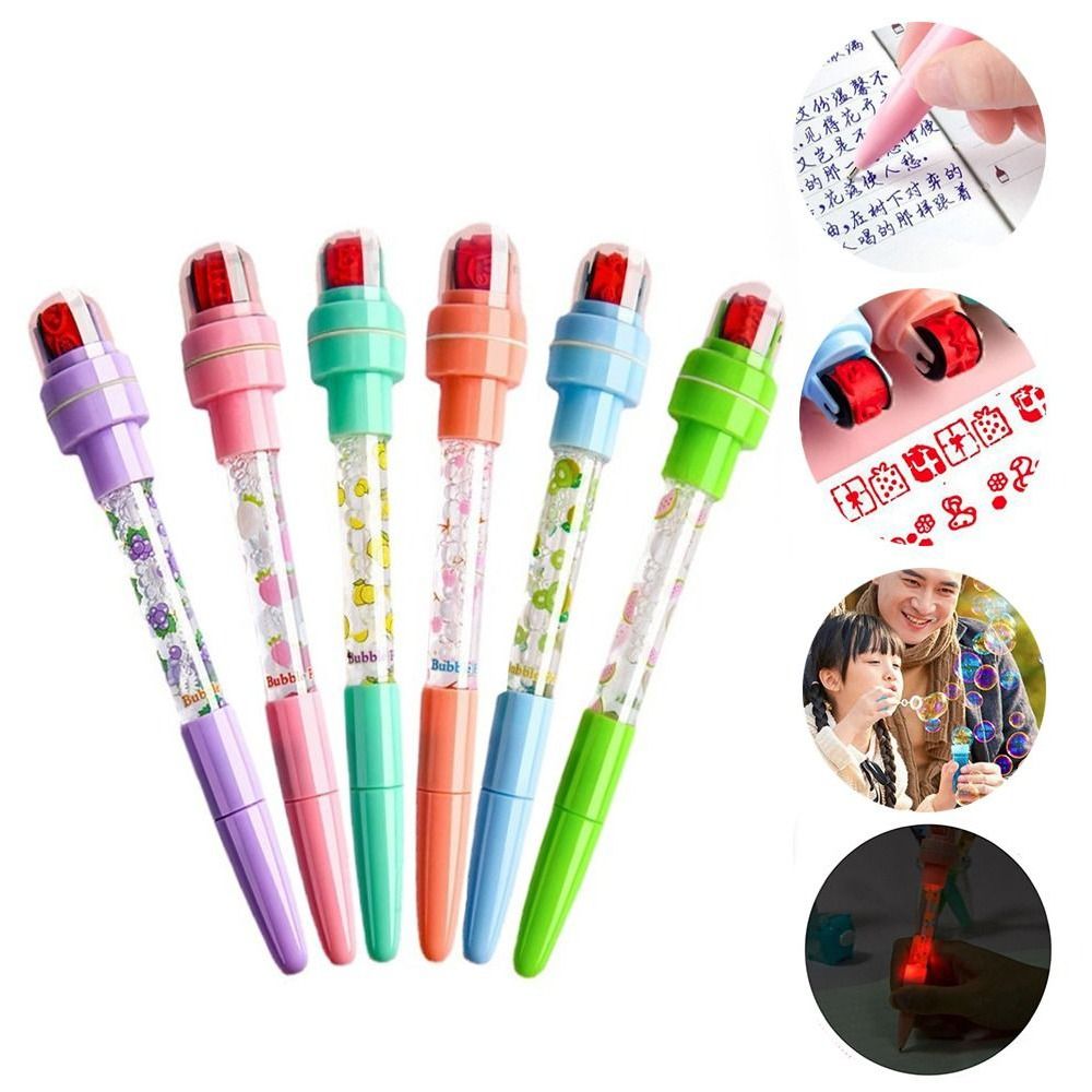Cartoon With Light Bubbler Pen With Stamp 5 In 1 Sensory Seal Roller Stamp Pen Multifunctional Writing Signing Bubble Blowing Pen Scrapbooking. 