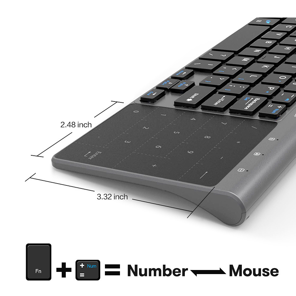 JOMAA 2.4G+Bluetooth Keyboard with Touchpad Mouse Numberic Pad Wireless Keypoard for iPad Tablet Smart TV Computer. 