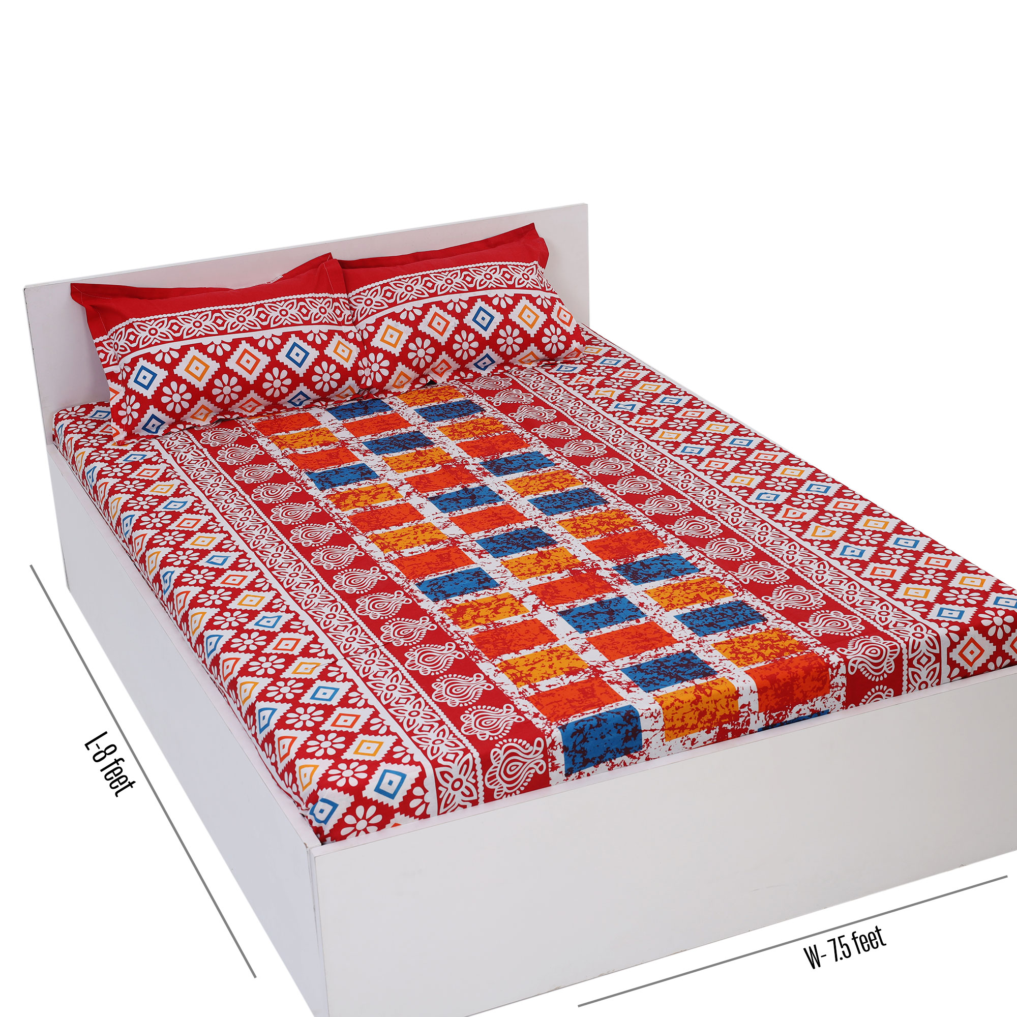 Double King Size Bedsheet Set (7.5x8.5 ft) with Pillow Covers - Cotton Multicolor Print. 