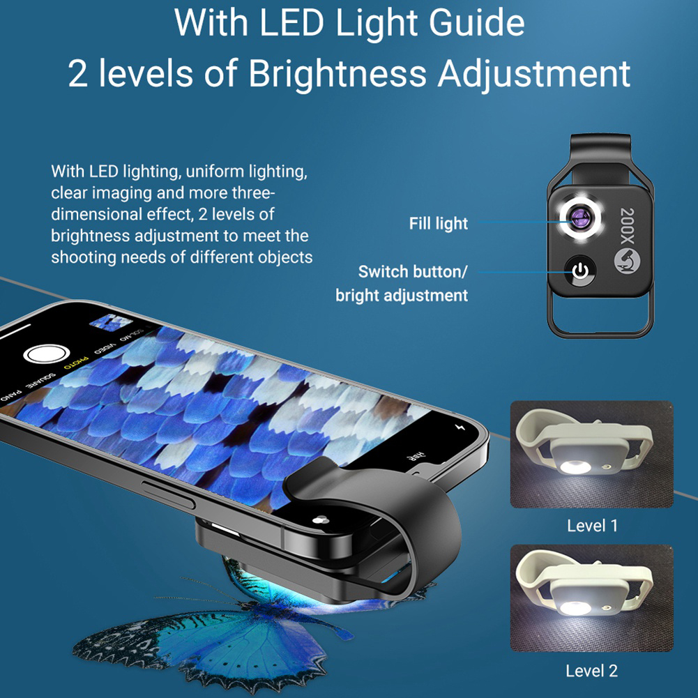 APEXEL 200X Magnification Microscope Lens with CPL Mobile LED Light Mini Pocket Macro Lenses for iPhone All Smartphones black. 