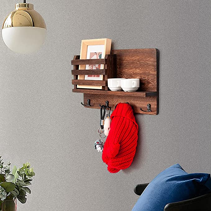 Key Holder for Wall Wooden Mail Holder for Wall Rustic Key Hanger for Wall Key Rack with 4 Double Key Hooks and A Floating Shelf Home Decor Mail Organizer Wall Mount for Entryway - All Solid Pine Wood. 
