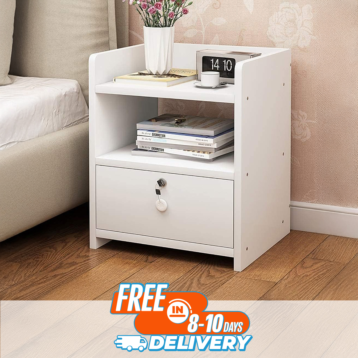 NewWave Bedside Table with Lockable Drawer, Modern Bedside Table, Bedside Table Cabinet Nightstand with 2 Storage shelf 1 Lockable Drawer Design by Nahid Furniture18x14x12"