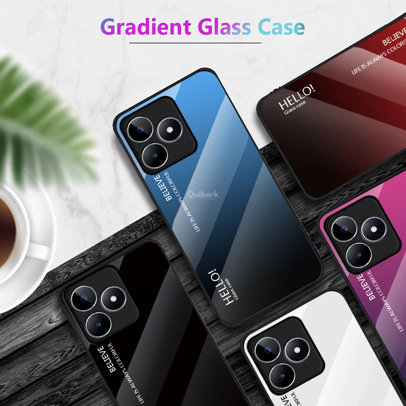 Quiberk for Realme C51 / C53 / Note 50 Tempered Glass Hard Case Gradient Color Back + Soft Frame Shockproof Phone Cover. 