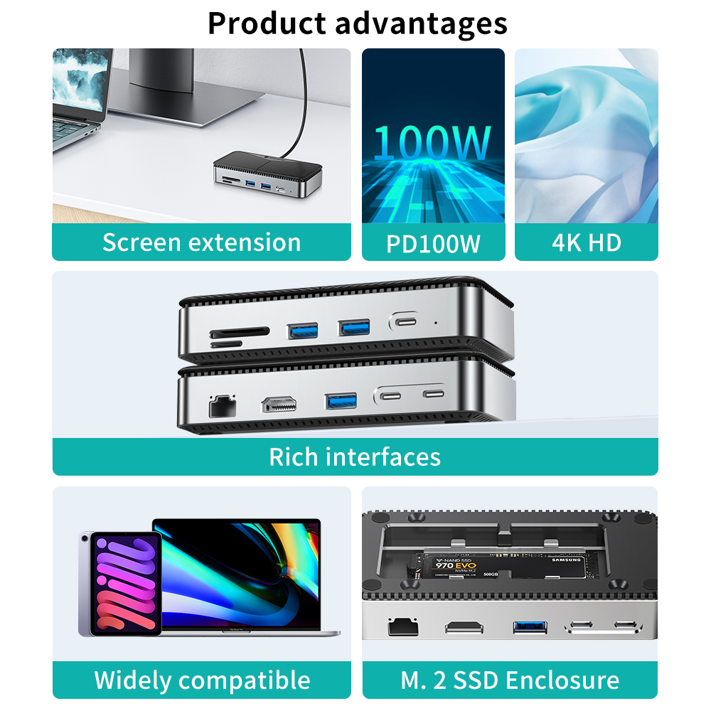 Yottamaster USB C HUB with Cooling Fan M.2 NVMe SATA SSD Enclosure External 10Gbps 4K 60Hz HDMI-Com RJ45 SD/TF Docking Station. 