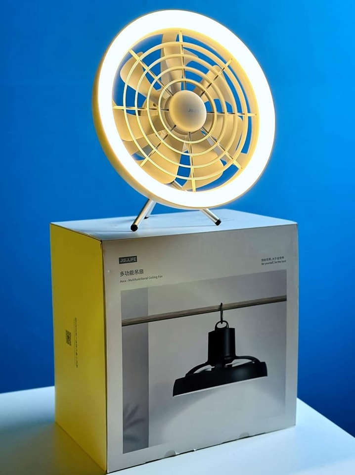 JISULIFE FA17 Rechargeable Fan with LED Ceiling Fan with Long Tripod Stand- White Color. 