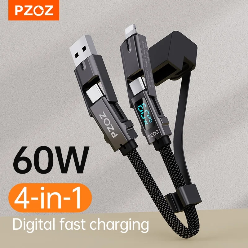 PZOZ 4 in 1 60W PD USB C Cable Digital Display Fast Charging For iPhone 15 14 13 12 Pro Max MacBook iPad USB Type C Cord Charger