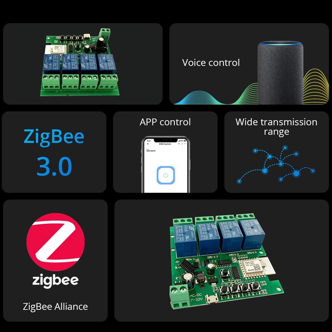 Zigbee Tuya Smart 4CH Relay Module DC5V 7-32V RF433Mhz Remote Control Light Switch Work with Alexa Google Home. 