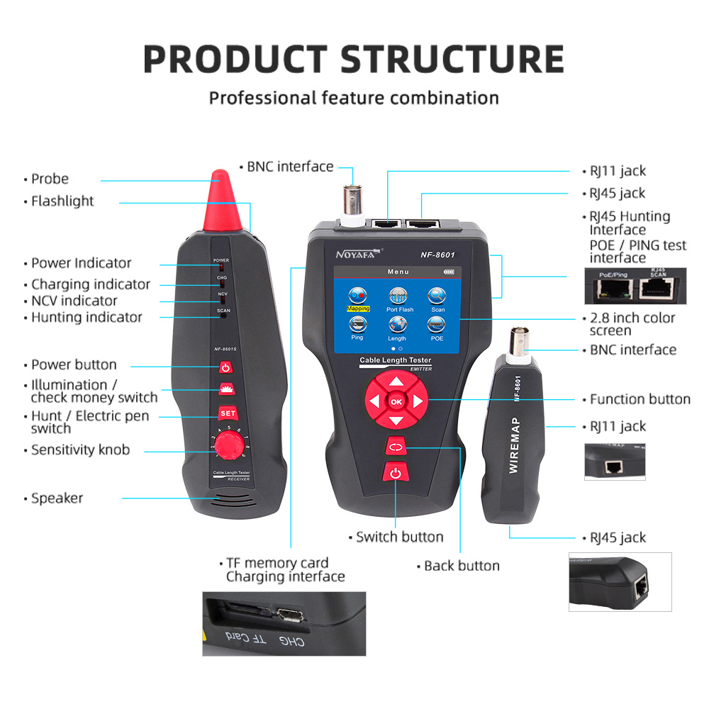 noyafa NF-8601W Multipurpose network tester OE/PING RJ45 RJ11 Wire Locator Measure Cable Length With 8pcs Remot Line Tracker. 