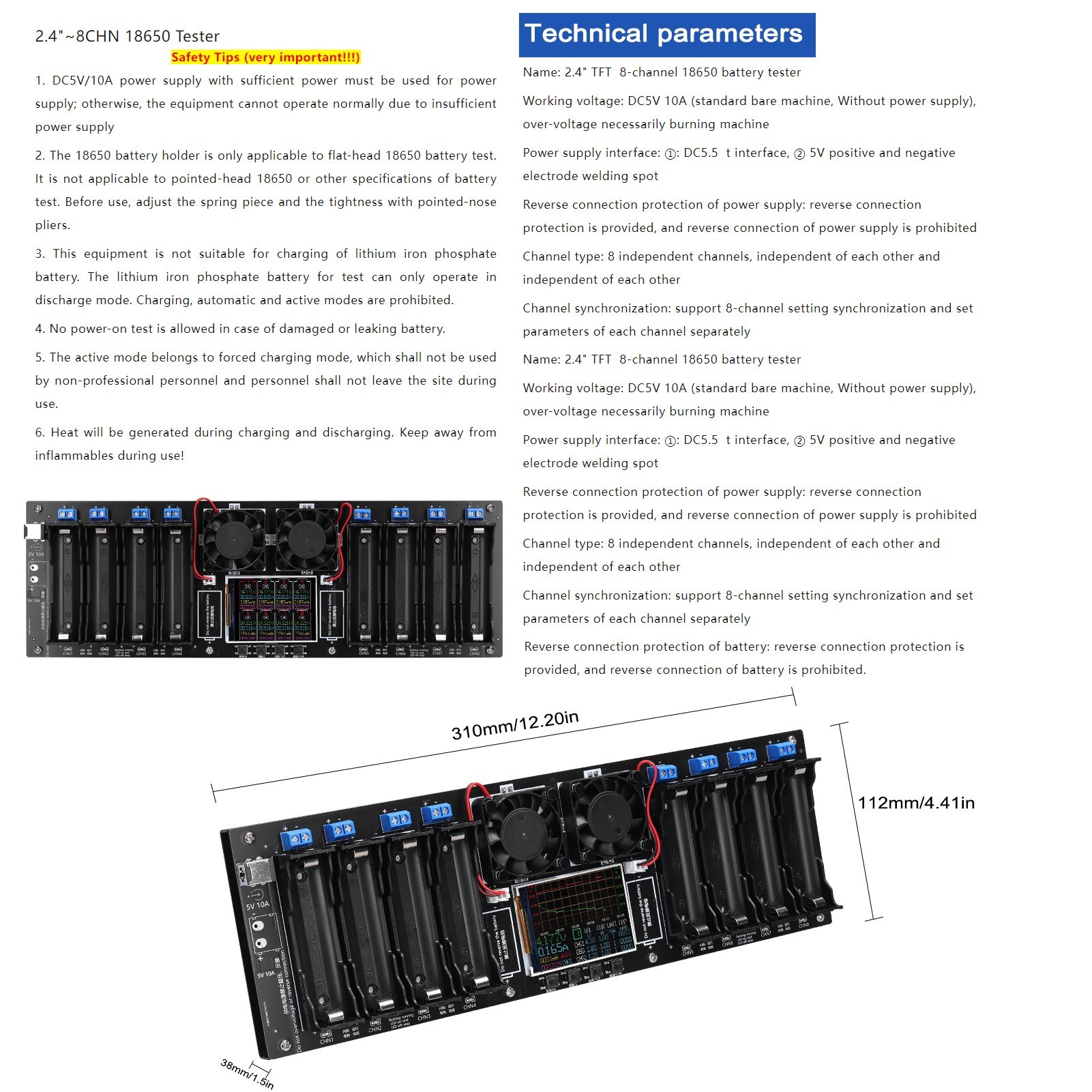 8-Channel 18650 Battery Tester 2.4inch TFT Display Battery Capacity Testing with Multi-Mode Functionality Enhanced Safety, and Intuitive Displaying. 