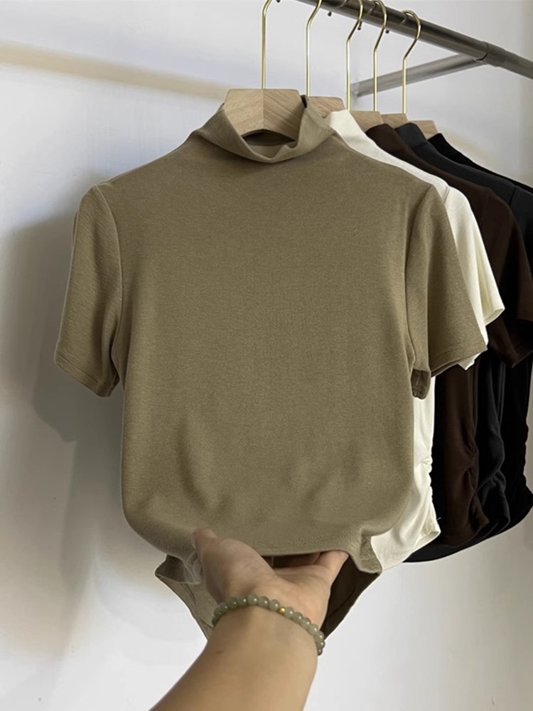 Modal Rayon Pleated Waist Tight Half Turtleneck Short Sleeve on Both Sides T Women's Short T-shirt. 