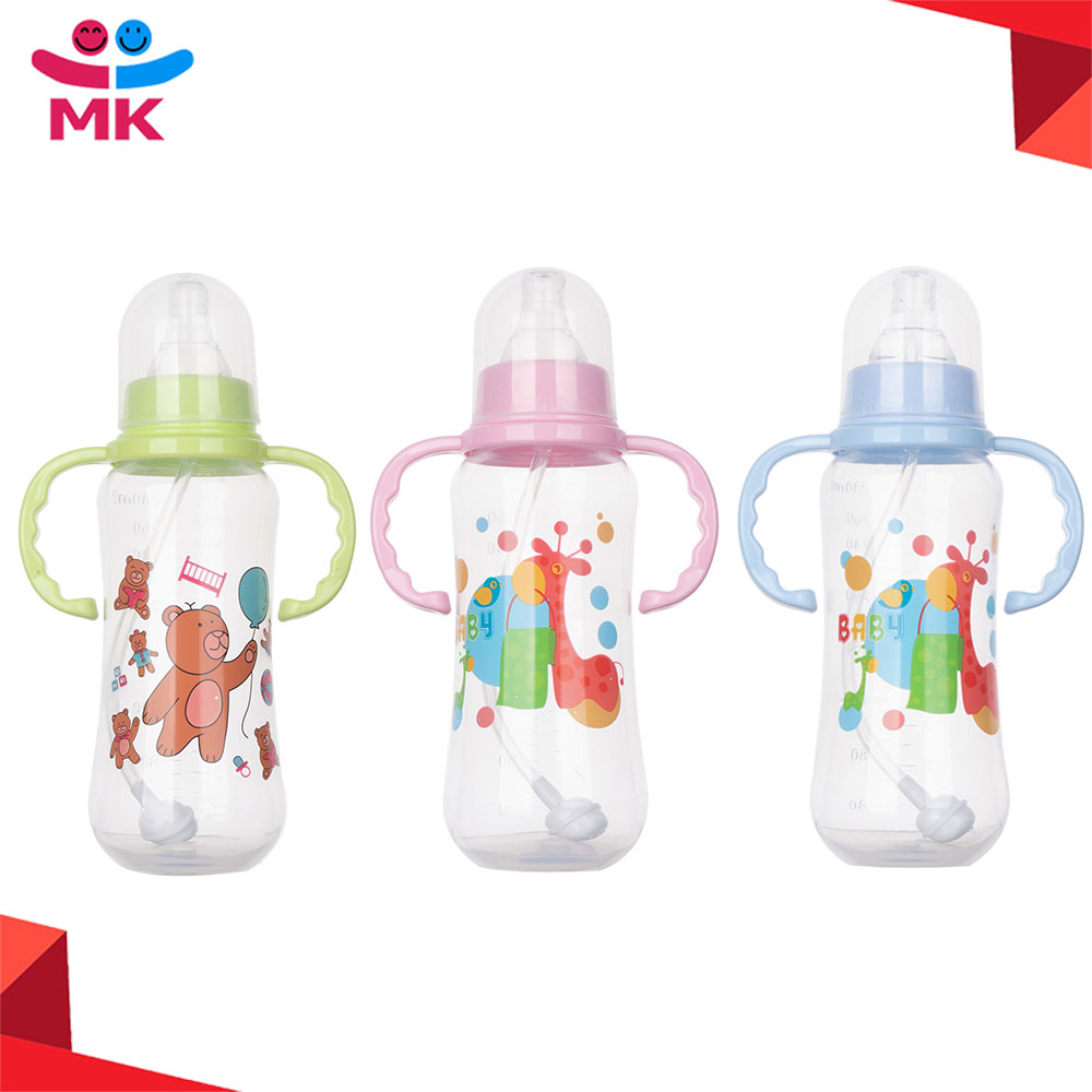 Cartoon Printed 280ml Baby Feeding Bottle Portable Anti-choking Newborn Bottle Food Grade PP Material Travel Infant Bottle with Handle