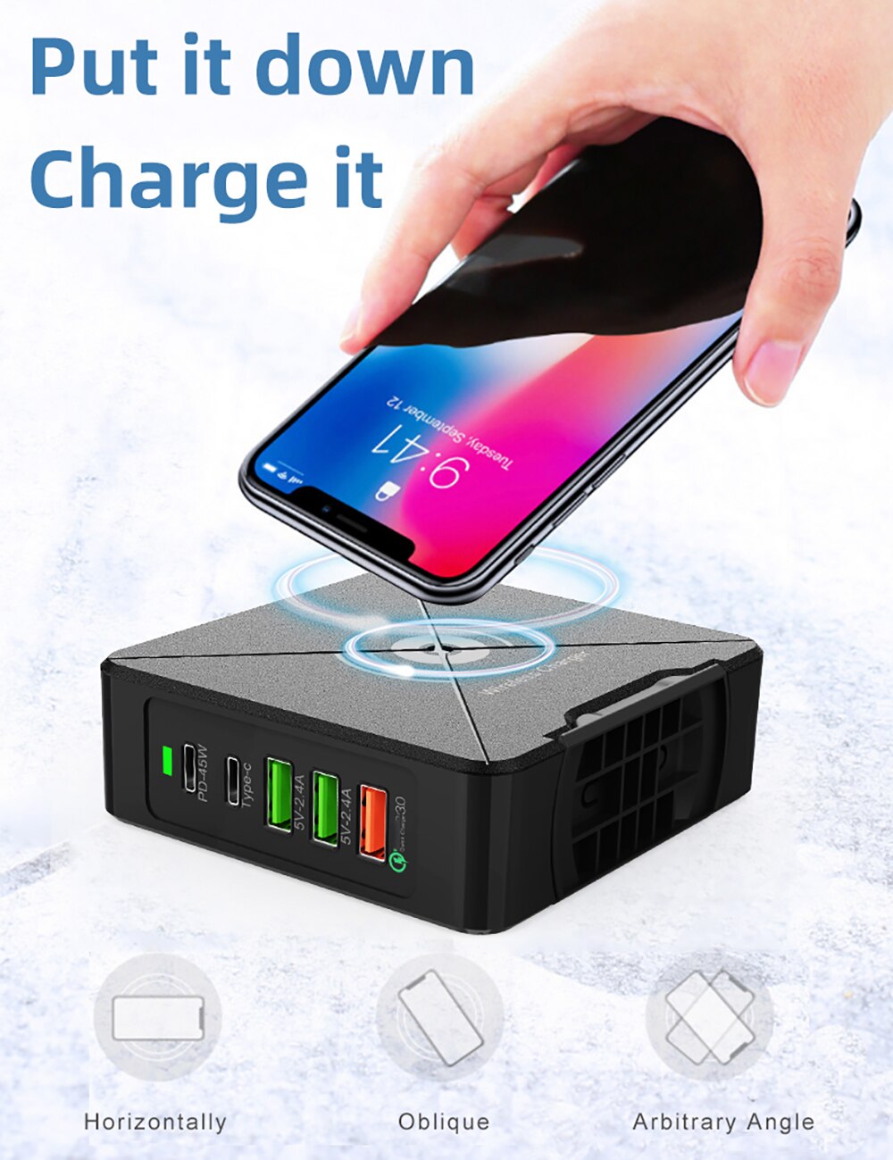 75W 5 Port USB C PD Charger Quick Charge Type C Wireless Fast Charging Travel Power Adapter with Desktop For Iphone Samsung. 