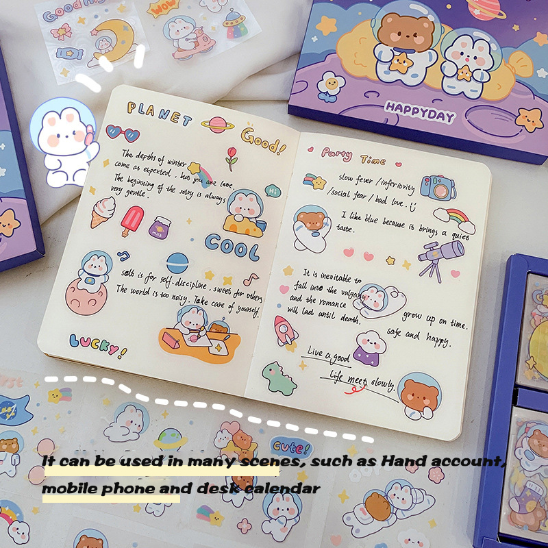 cute stickers 100 pcs, made of PET, waterproof and transparent water cup, pasted with decorative small pattern cartoon hand account material sticker, no need to cut, tear and use, 100 pieces, no repeated stickers, increase the small happiness of life. 