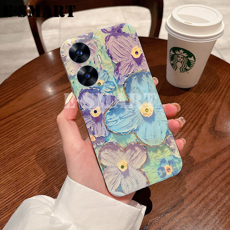 For Realme C55 Case Soft Blue-Ray Oil Painting Flowers Silicone Cases for RealmeC55 Back Cover