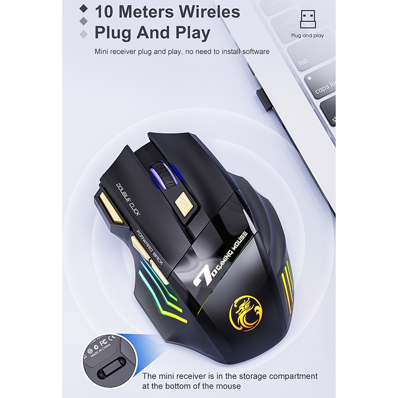 iMICE GW-X7 7-button Silent Rechargeable Wireless Gaming Mouse with Colorful RGB Lights. 