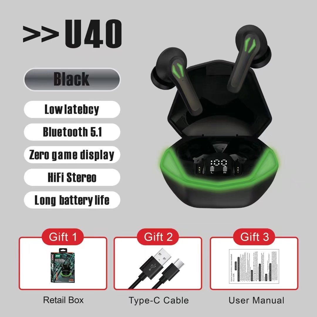 U40 wireless bluetooth headset private model TWS5.1 zero delay in-ear e-sports gaming bluetooth wireless headset. 