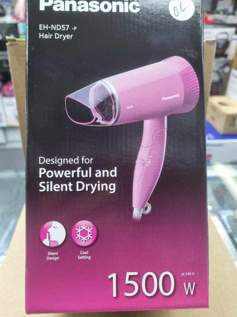 Panasonic 1500W Low Noise Hair Dryer, Comfortable and Quiet Blow-Drying, Silent Design, Set Nozzle, Foldable Handle, Cool Setting, 3 Airflow Settings, Pink (EH-ND57-P). 