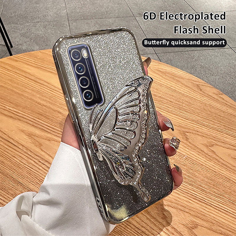 New Phone case Huawei Nova 7 / Nova 7 SE / Nova 7i Shiny Plating Quicksand Drilling Butterfly Holder Phone Case Clear Silicone