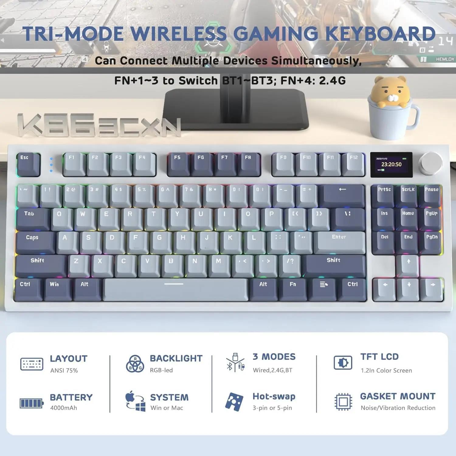 ATTACK SHARK K86 Linear Switch Wireless Triple Mode Mechanical Keyboard Knob Smart Screen Full Key Hot Swap Gaming Keyboard. 