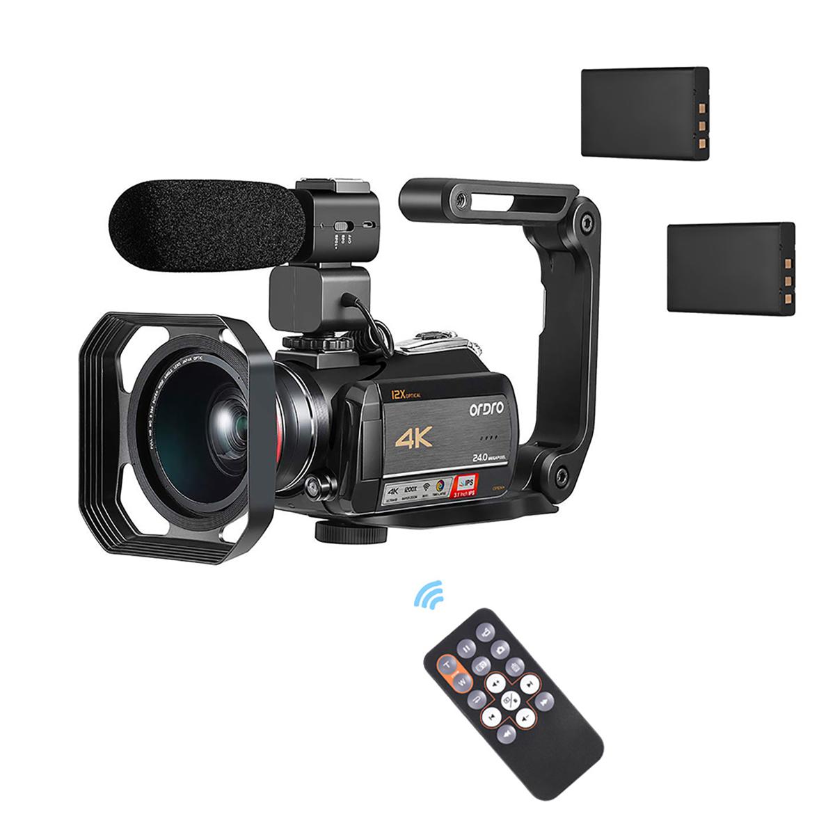 ORDRO AC5 4K WI-FI Digital Video Camera Camcorder Recorder DV 24MP 3.1 Inch IPS Touchscreen 12X Optical Zoom Time-Lapse Face Detection Anti-shake with 2pcs Lithium Batteries + 0.39X Wide Angle Lens + Lens Hood + External Microphone + Camera Holder