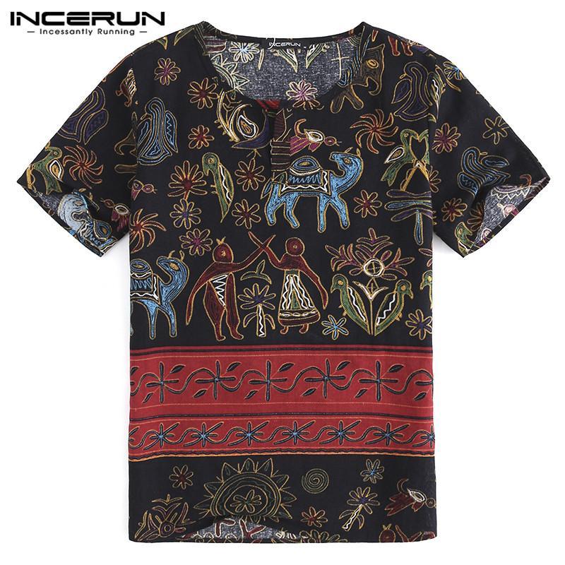 INCERUN Men's retro small V-neck short-sleeved ethnic style printed cotton and linen T-shirt