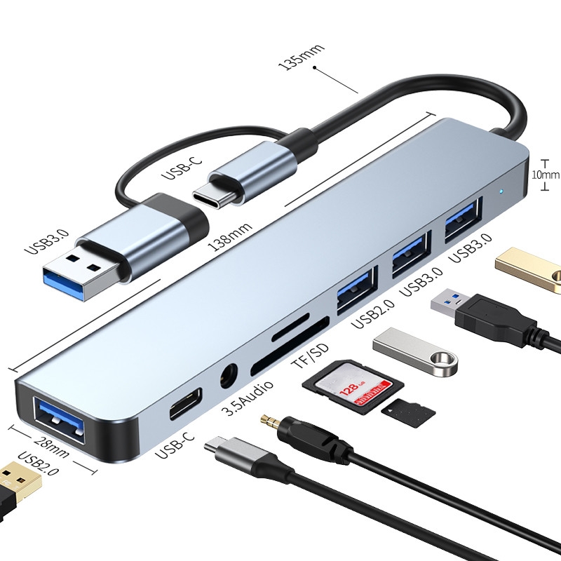 8 IN 1 USB C Hub to 3.5mm Jack Earphone Adapter Type C to USB 3.0 2.0 SD TF Card Reader Docking Station For Macbook Huawei
