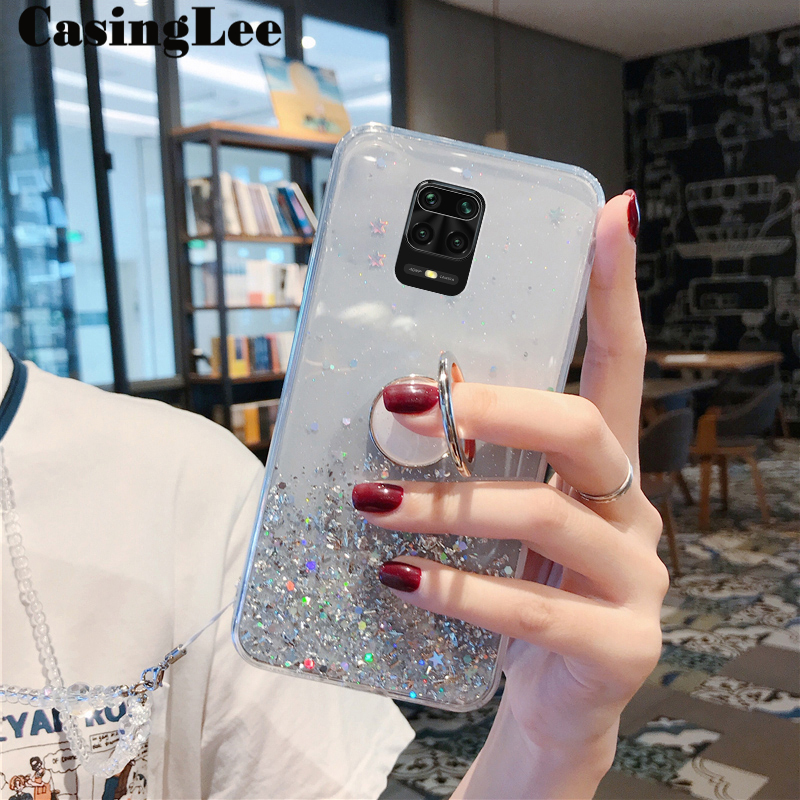 Casinglee for Redmi Note 9 Pro / Redmi Note 9 Pro Max case Shiny Ring Glitter Soft Transparent Holder Stand Back cover with String for Redmi Note9 Pro Max / Redmi Note9 Pro Phone cases cover Stars Moon Girls. 