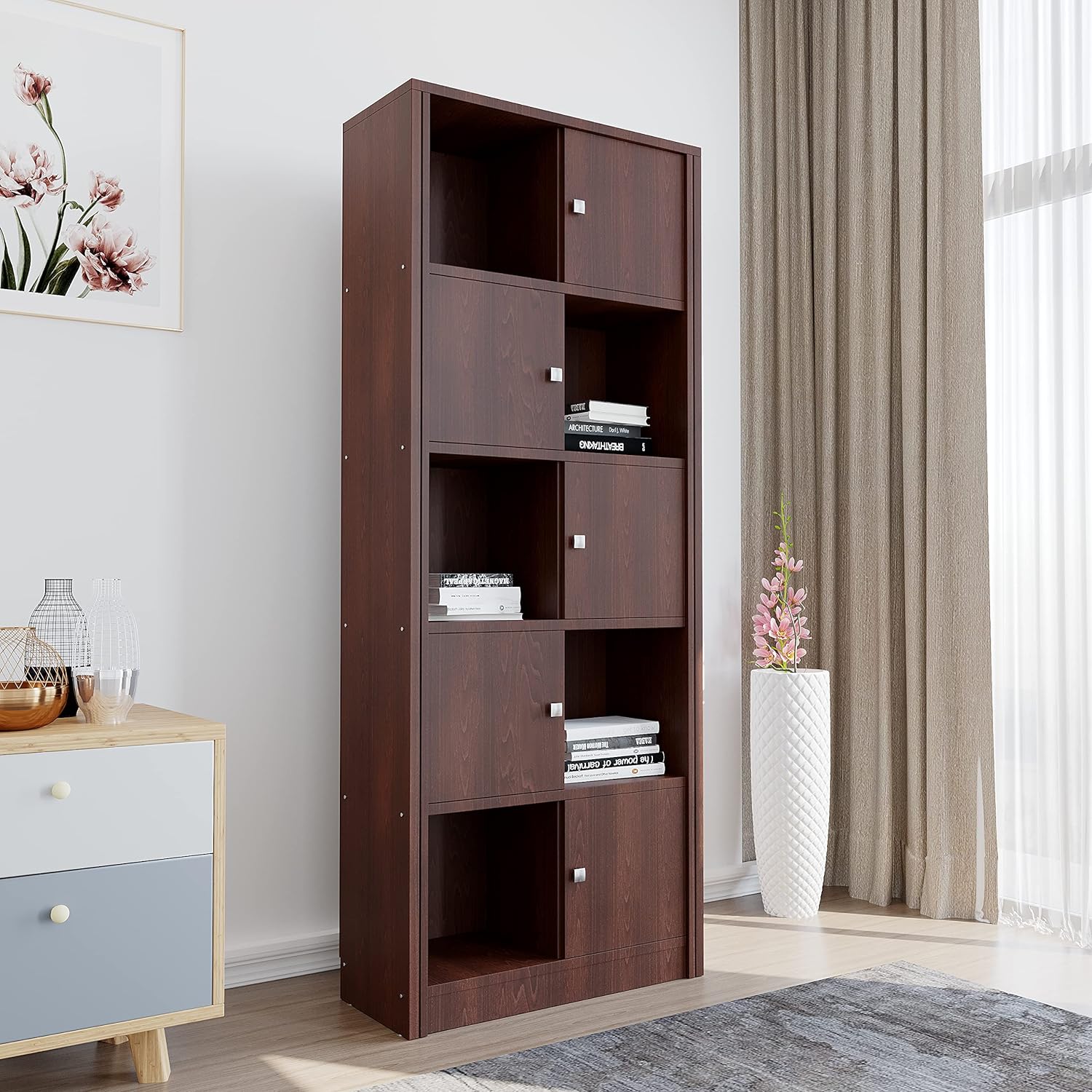 Juno Cabinet Book Case Multipurpose Use In Storage Organizer Display Rack, Free Standing bookshelf with Open Shelves and Cabinet Shelve Unit Office Living Room Display Storage Rack Design by Nahid Furniture 60x24x10". 