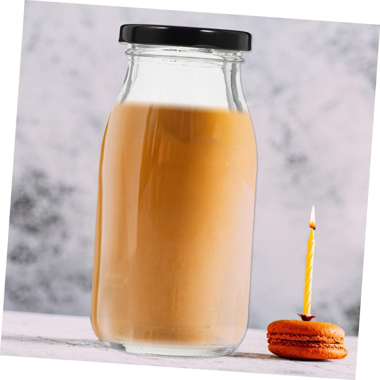 300 Ml Glass Short Height Milk Bottle with Cap, Reusable Juice Beverage Container. 