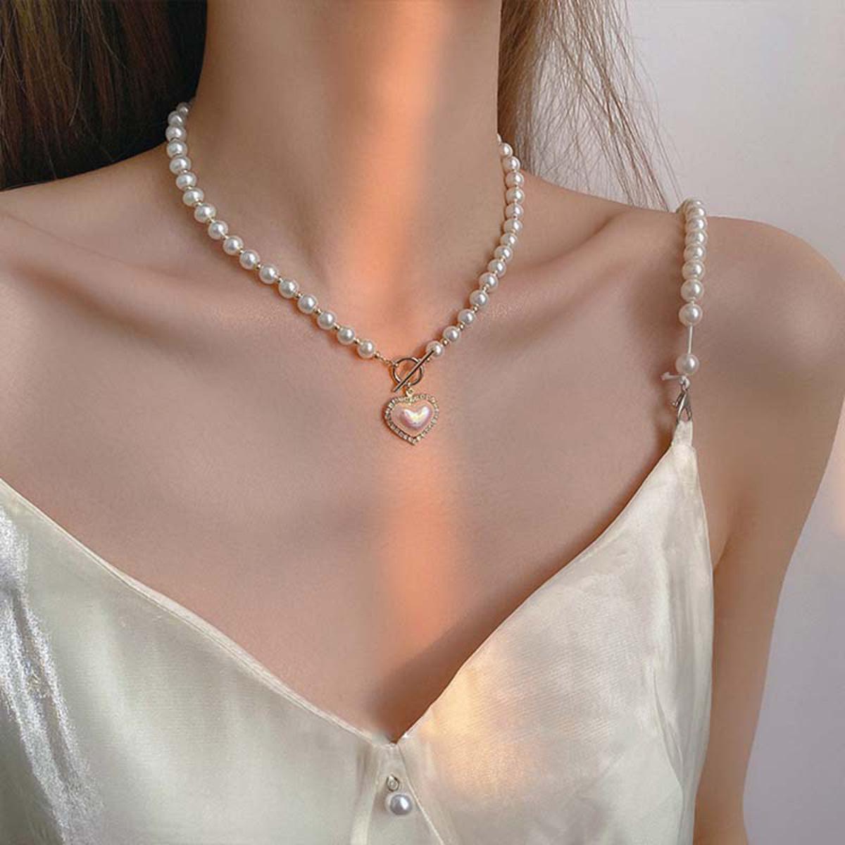 Elegant Female Micro Inlaid Pearl Love Necklace Simple Sweet OT Buckle Lock Pendant Necklaces Ins New Accessories
