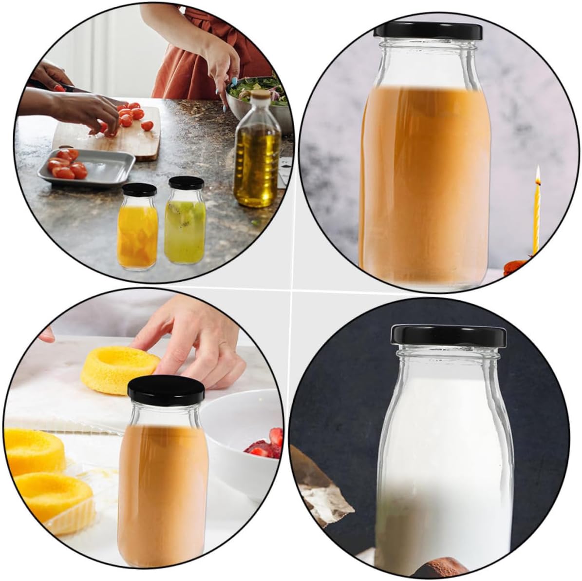 300 Ml Glass Short Height Milk Bottle with Cap, Reusable Juice Beverage Container. 