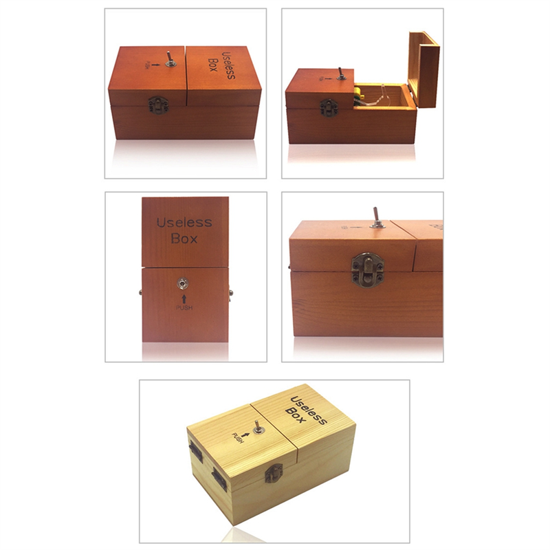 A Useless Box with Surprises Wooden Useless Box Fully Assembled Toy for Adults and Children Easy to Use Dark Wood Color. 