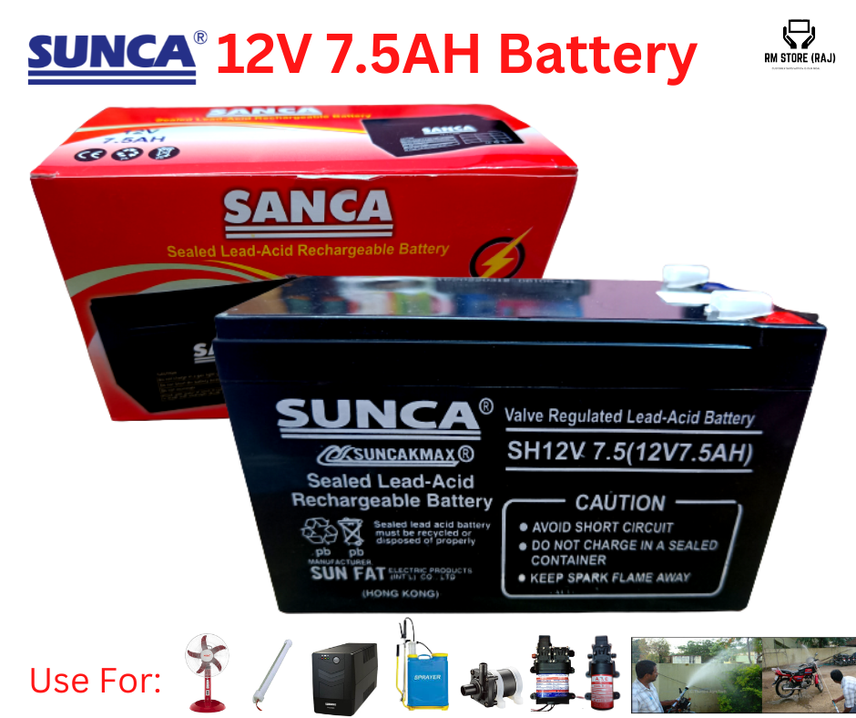 SUNCA 12v 7.5Ah  Battery With Battery Charger - / 12v Battery With Charger / Combo Pack. 