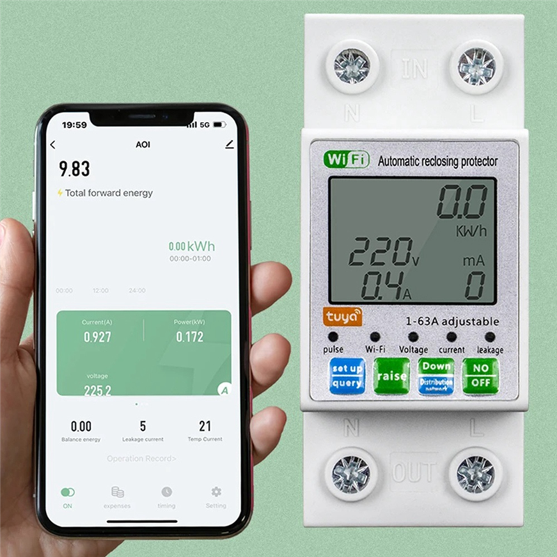 Tuya WiFi 1-63A Intelligent Automatic Reclosing Protector Current Voltage Monitoring MeterDisplay Switch Power Meter Easy Install. 