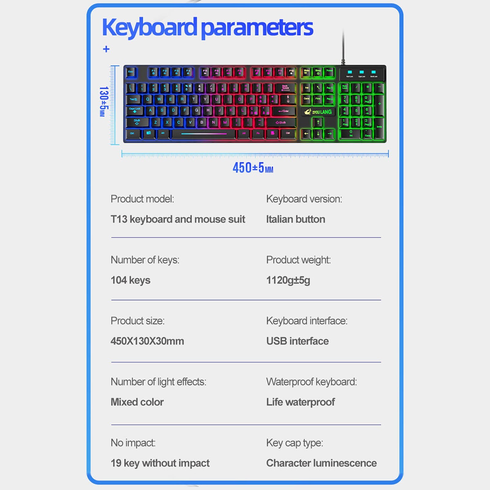 T13 Italian Layout Keyboard Mouse Set Rainbow Hybrid Light USB Wired Ergonomic 104Keys Gaming Keyboards Mice Teclado Mecánico. 