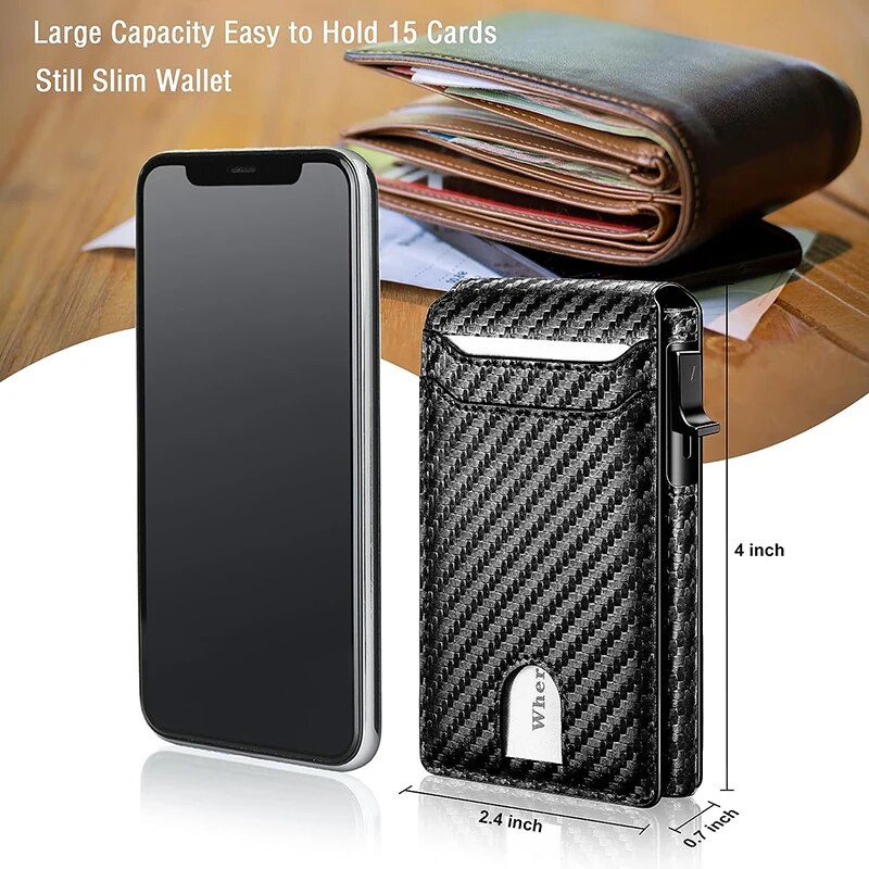 Men-Slim Minimalist Smart Wallet RFID Blocking Pop Up Wallet Credit Card Holder Bifold Carbon Fiber Wallet. 