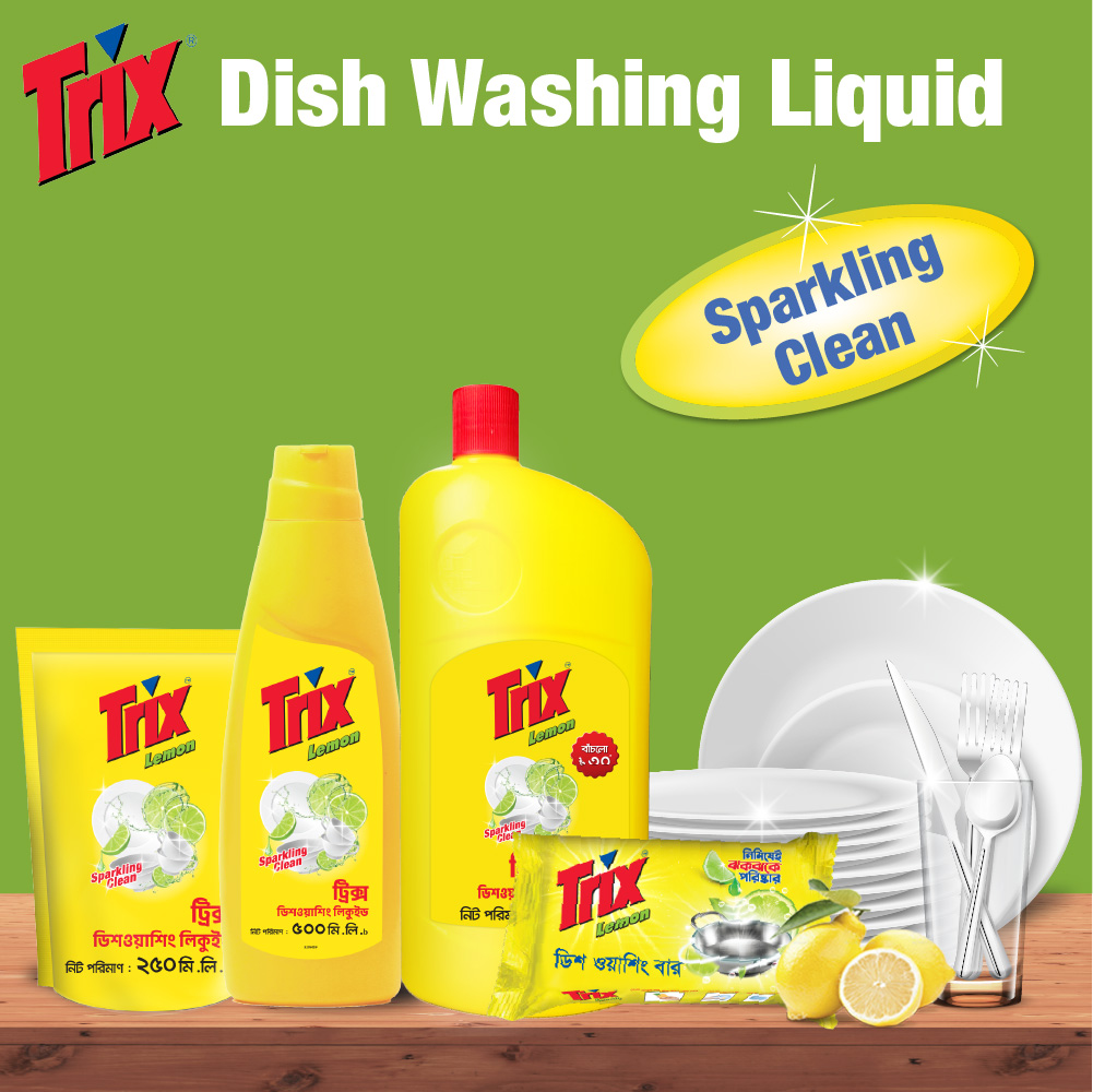 Trix Dishwashing Liquid 750ml (Bottle & Refill Combo) Lemon Fragrance for Scratch-Free Sparkling Clean Dishes, removes grease stains. 