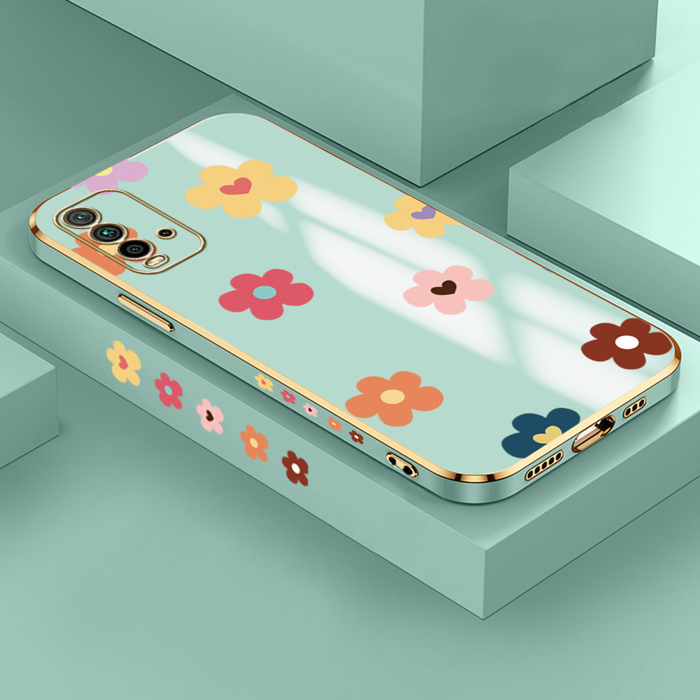 Jizetin (Free Lanyard) for Redmi 9T / Redmi 9 Power Case INS Style Flower Luxury 6D Plating Soft Casing Silicone Ultra Thin Phone Cover