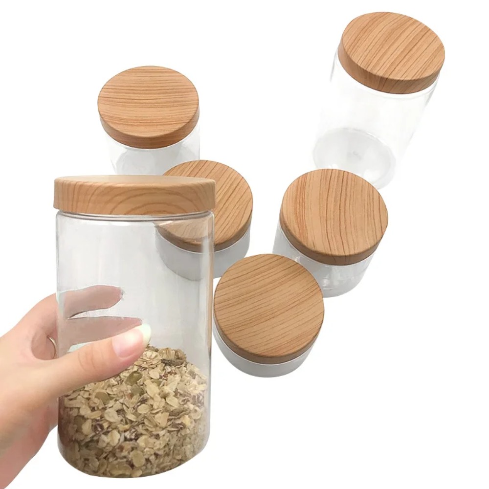 with Wood Texture Lid Clear Storage Jars Food Storage Container Wide-mouthed Moisture Proof Sealed Can Empty Transparent Seasoning Bottle Pet Food