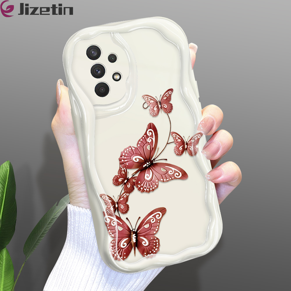 Jizetin for Samsung A32 4G Back Cover Cartoon Colored Branch Butterfly Cream Wavy Edge Soft Silicone Phone Case