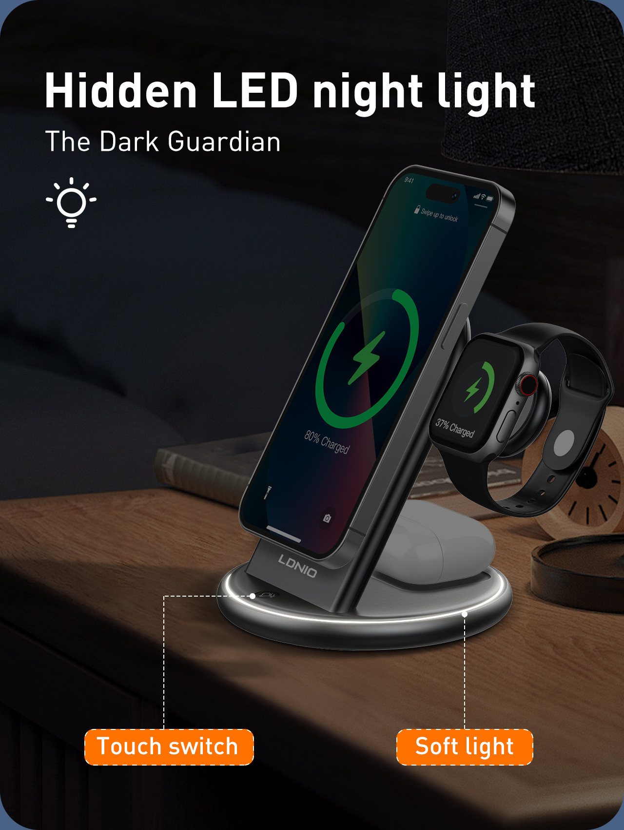 LDNIO Magnetic Wireless Charger Stand for iPhone/ iWatch/ AirPods Pro 2nd, Compatible with iPhone 12/13/14/15 Series, for iWatch S1/S2/S3/S4/S5/S6/S7/S8/S9/S10/Ultra/SE, for AirPods Pro 2nd/AirPods 3nd, Built-in Dimmable Night Light. 