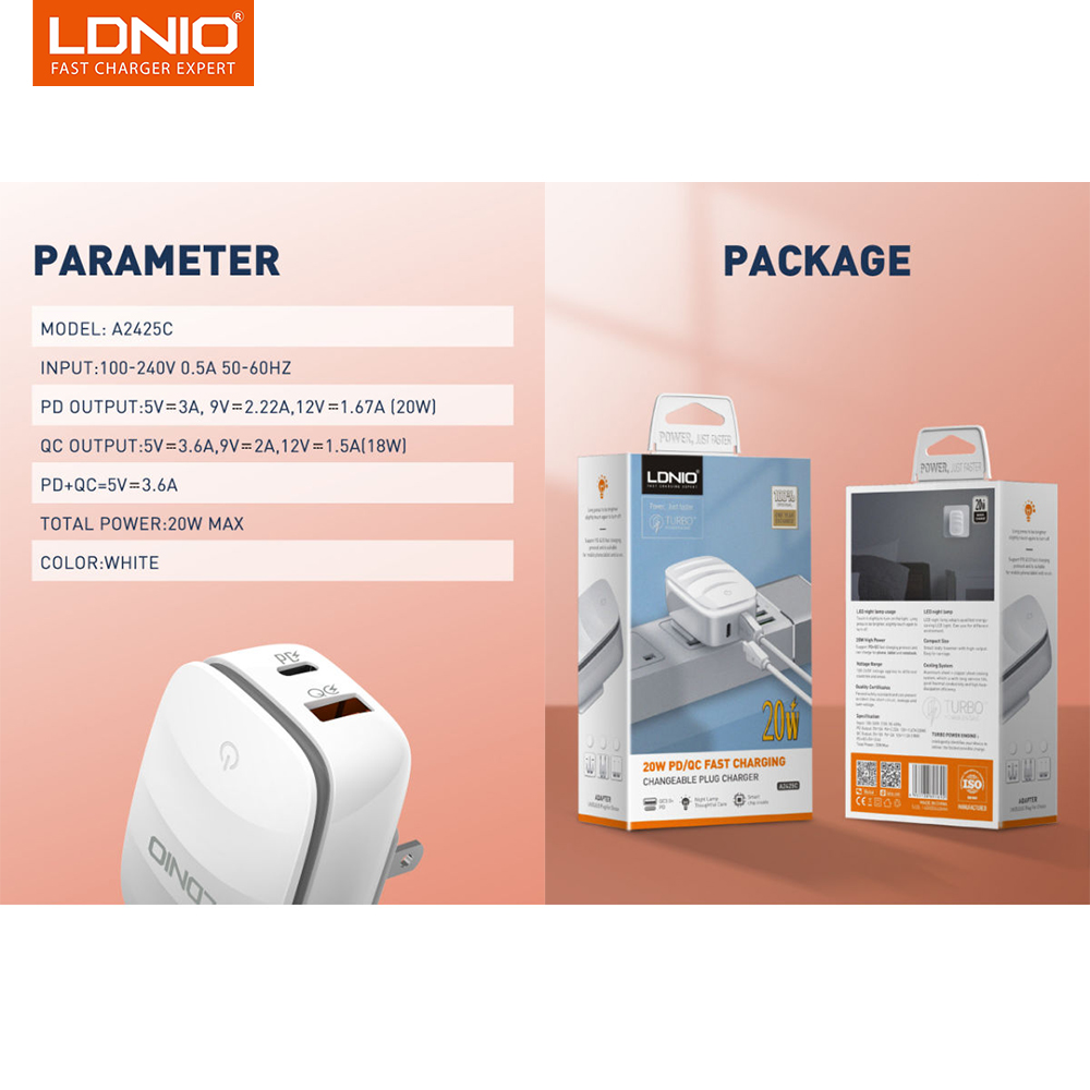 LDNIO A2425C USB C Wall Charger with Night Light LDNIO Dual Port Charger Block PD 20W Wall Plug & QC 18W Fast Charger Compatible with lPhone 13 Pro Max 12 Pro Max iPad Samsung Galaxy Smart Phone Kindle Tablet Earbuds. 