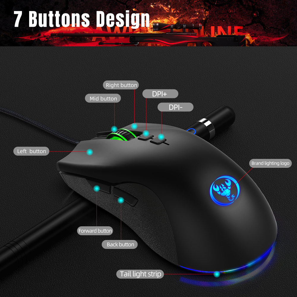 A883 Colorful Luminous 7D Gaming Mouse Gaming Wired Mouse 6400dpi Adjustable Support Macro Programming Gaming Mouse For PC. 