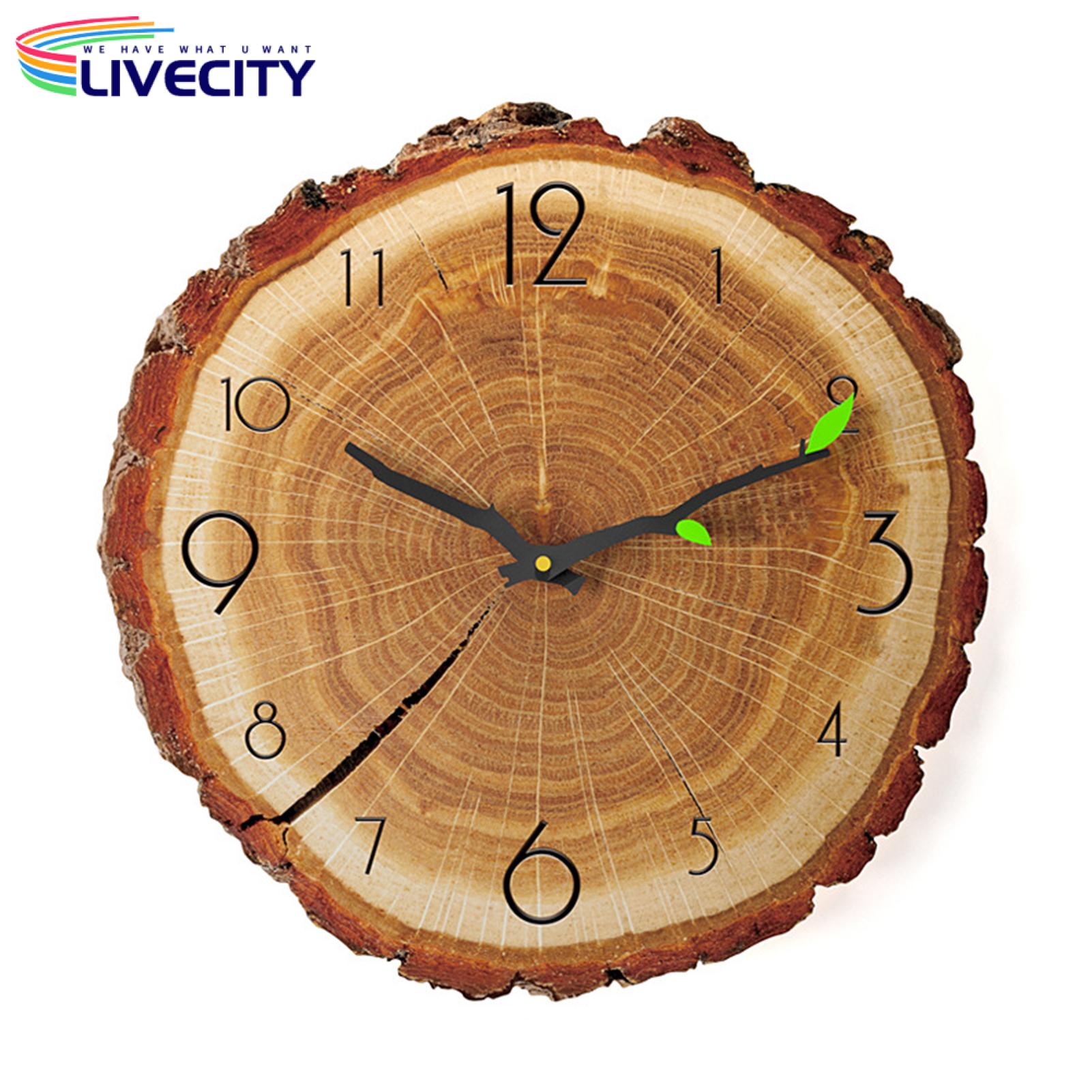Tree Stump Wall Clock Rustic 12 Inch Wood Grain Wall Clock Silent Quartz Movement Battery Powered Unique Tree Stump Design Arabic Numerals Perfect for Southeast Asian Homes Mdf Wall Clock. 