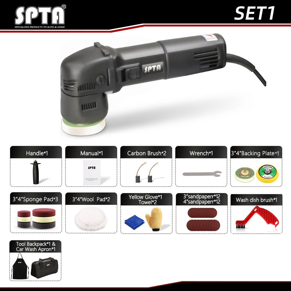 SPTA 3" 75mm Electric Mini Car Polisher 780W Random Orbit Dual Action Polishing Waxing Machine with Sponge Buffing Pads. 