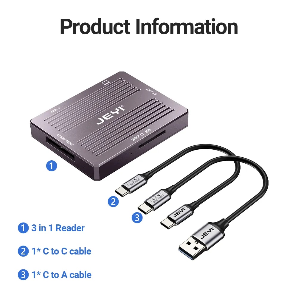 JEYI USB3.2 10Gbps SD/CFast/CFE 3 in 1 Card Reader, Read CFexpress Type B Card / CFast Card and SD 7 / SD Card Simultaneously. 