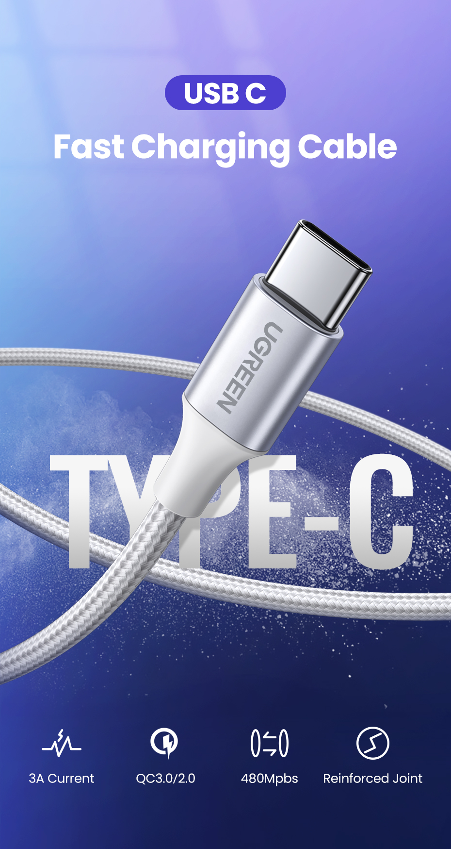 Ugreen USB Type C Cable USB A To USB C Fast Charger Nylon Braided Cord