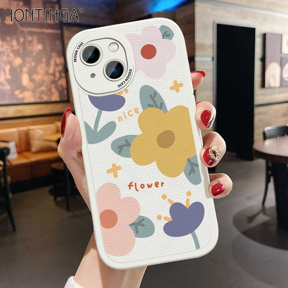 Hontinga for iPhone 14 Back Cover PU Leather Beautiful Flowers Print Case Soft Silicone Edge Phone Cases