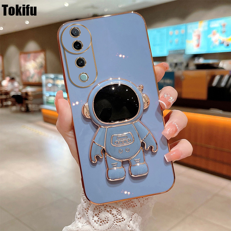 Tokifu For VIVO V40 V40 Pro Back Cover With Astronaut Folding Holder Luxury 6D Plating Case Soft Silicone Bracket Phone Cases